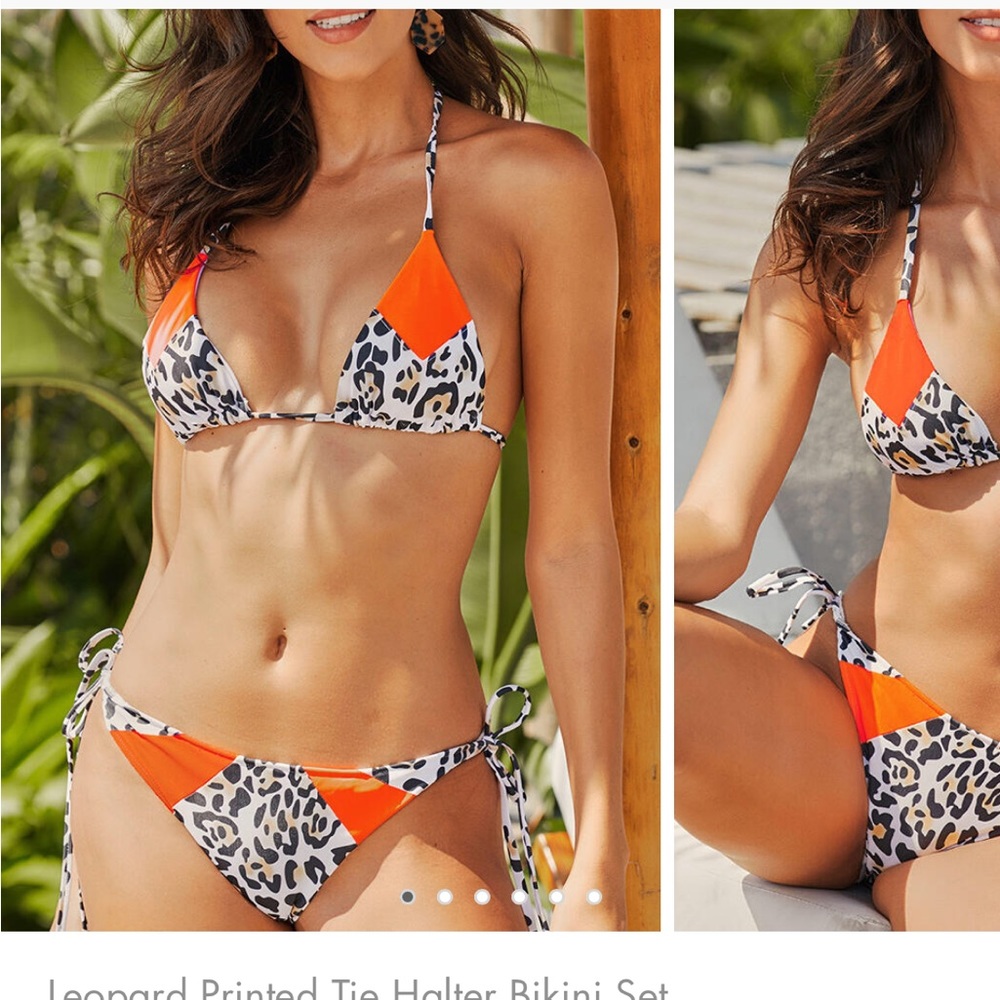 Bellelily Leopard Print Halter Tie Side Tie Bottoms Colorblock Bikini  Swim Suit